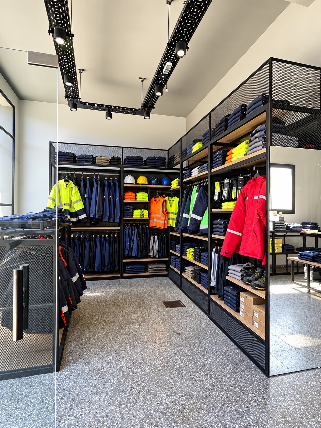 Interior del local ONYX con uniformes y elementos de protección personal en exhibición. Imagen editada digitalmente.
